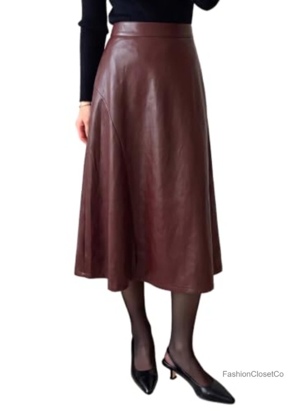 Faux Leather High Waisted Flowy Midi Skirt A-Line Women's Office